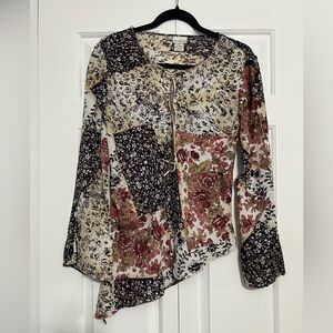 Vintage 00s Floral Patchwork Asymmetrical Long Sleeve Bohemian Blouse Suede Ties